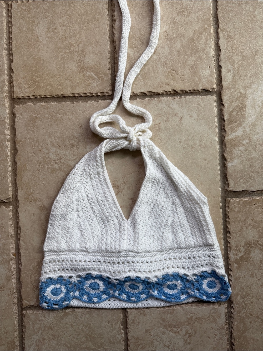 Hollister White Crochet Halter Crop Top with Blue Trim